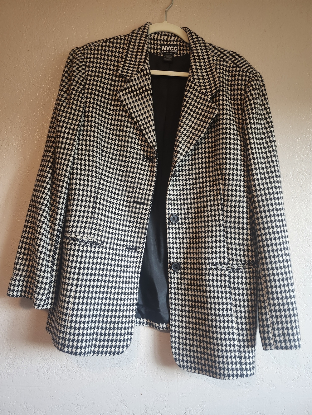 NYCC New York Clothing Co Houndstooth Blazer Size 14 Wool Blend Black White